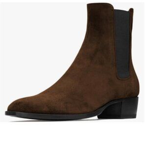 FOWT Dark Brown Men Fashion Round Toe Block Low Heel Stretchy Ankle Boots